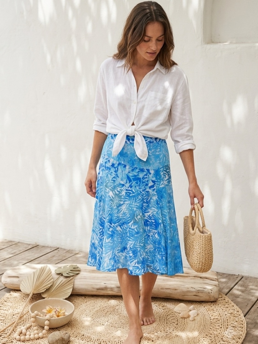 SANTIKI Women’s Floral Boho Batik Midi Skirt Elastic Waist Teal Blue